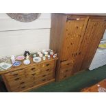 LARGE PINE TWO-DOOR WARDROBE WITH THREE DRAWERS TOGETHER WITH A MATCHING TEN-DRAWER CHEST