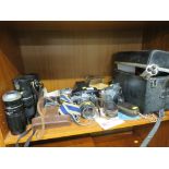 OLYMPUS OM10 CAMERA, KONICA FS CAMERA, TWO OTHER VINTAGE FILM CAMERAS, ASSORTED LENSES, TRIPODS,