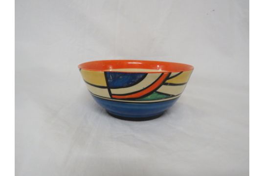 CLARICE CLIFF BIZARRE HAND PAINTED BOWL, BLUE ORANGE YELLOW AND GREEN ABSTRACT PATTERN, HEIGHT - Image 1 of 5