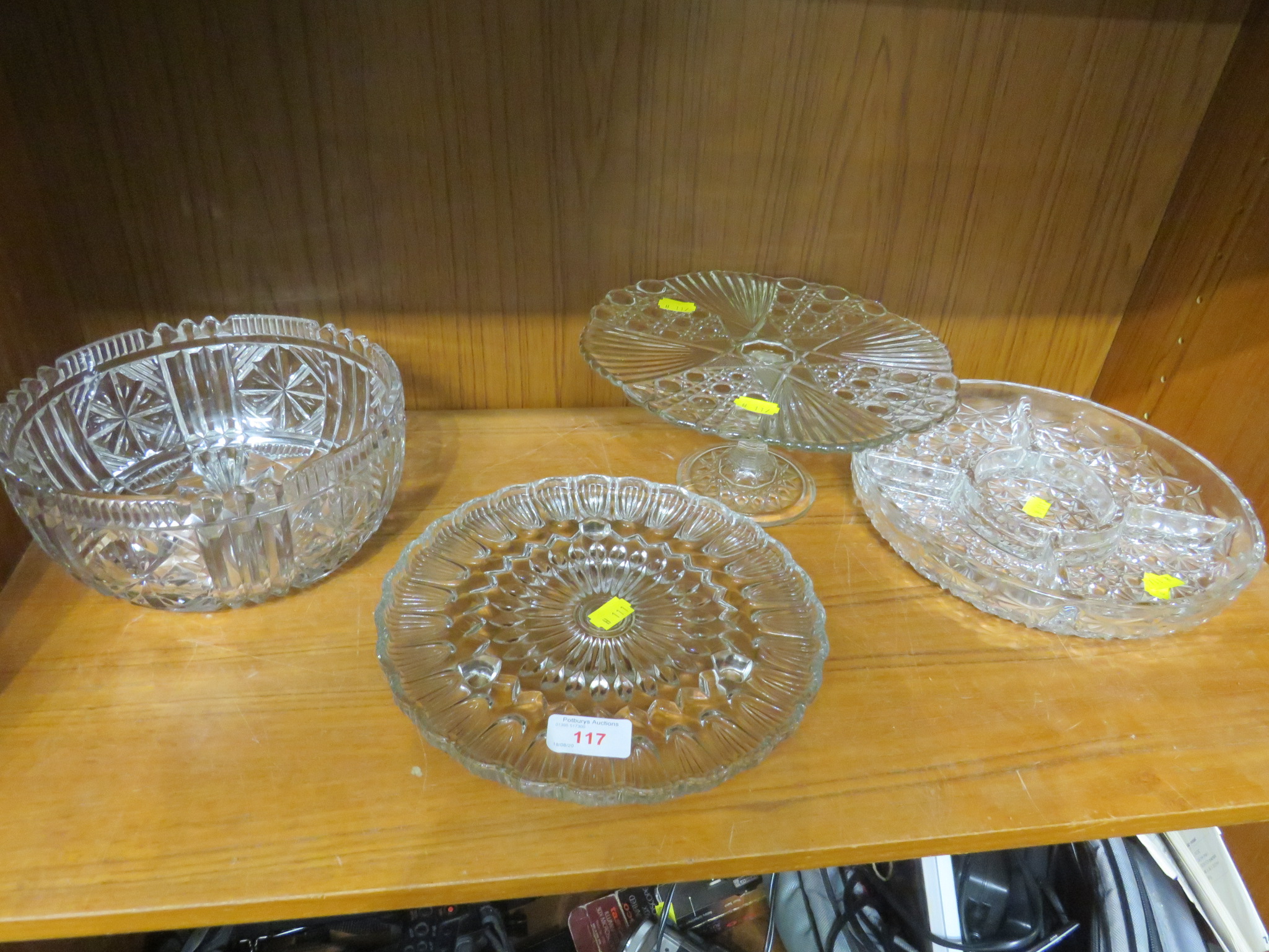 GLASS CAKE STAND, BOWL AND TWO DISHES
