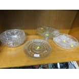 GLASS CAKE STAND, BOWL AND TWO DISHES