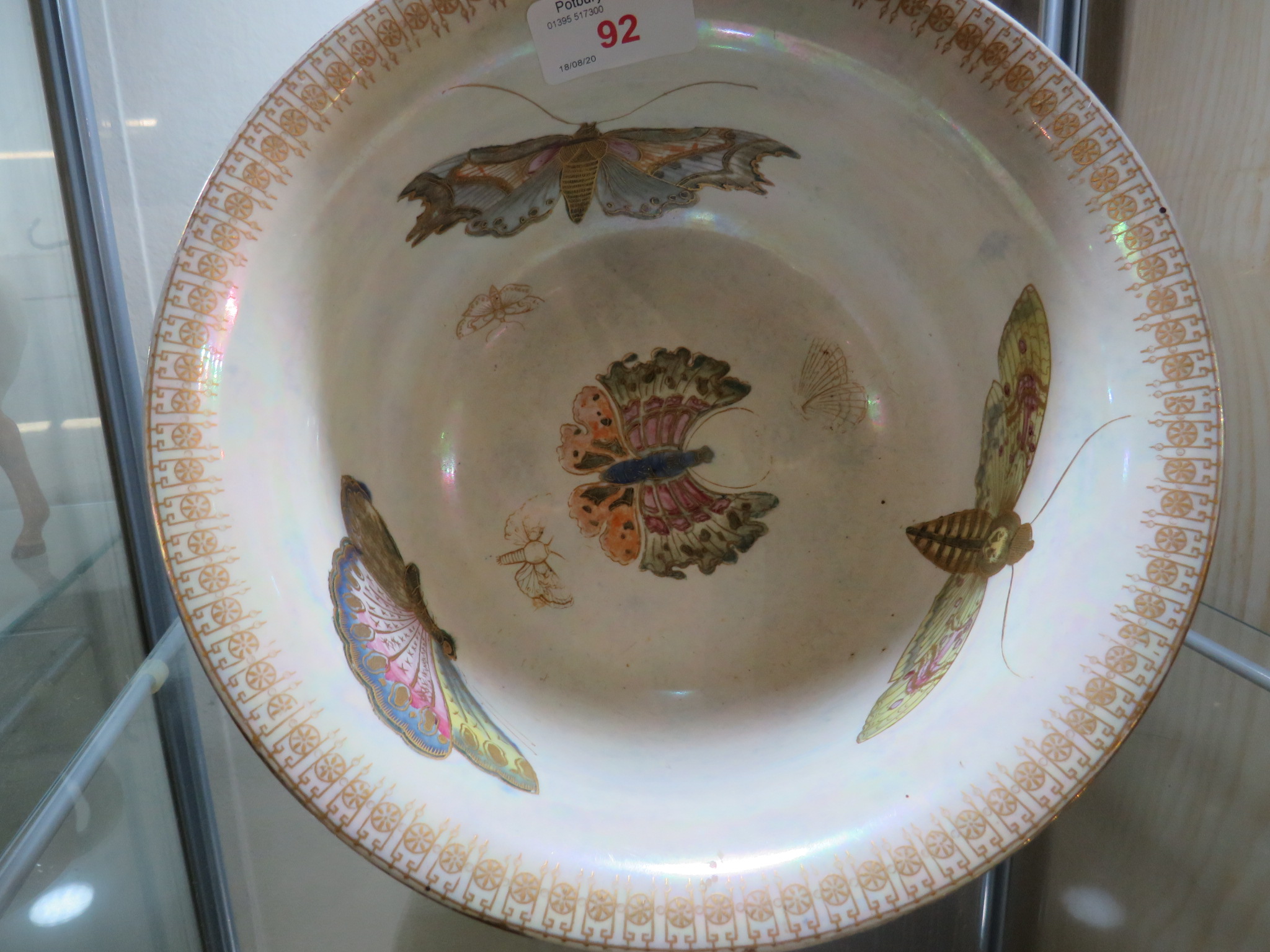 CARLTON WARE LUSTRE BOWL ON FOOT DECORATED WITH MOTHS AND BUTTERFLIES, THE EXTERIOR MOTTLED BLUE - Image 2 of 4