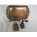 BRASS AND COPPER TRAY, TWO DECORATIVE SPRING CLIPS AND OTHER DECORATIVE ITEMS
