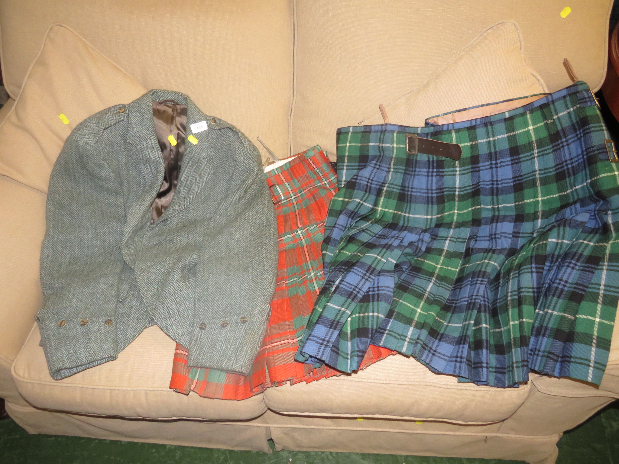 TWO-TARTAN KILTS TOGETHER WITH A HARRIS TWEED BLAZER