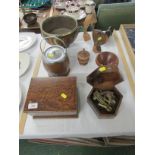 WALNUT VENEERED CONCERTINA JEWELERY BOX, OAK BISCUIT BARREL AND ROSE BARREL, REPRODUCTION SEXTANT