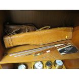 LEATHER HARDCASE FOR A SHOTGUN, SOFT VINYL RIFLE CASE, AND CLEANING RODS (ONE SHELF)