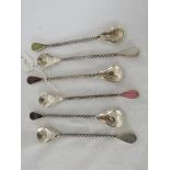 SIX RALPH WESTON SILVER COFFEE SPOONS WITH TWIST STEMS AND VARIOUS MOTHER OF PEARL AND SPECIMEN