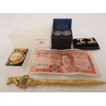 TWO PAIRS OF CUFFLINKS, WIMBLEDON CHAMPIONSHIP KEY RING, SOUVENIR LETTER OPENER AND BANK OF