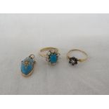 9 CARAT IMPORTED GOLD RING SET WITH A TURQUOISE COLOURED STONE SURROUNDED BY TEN SIMULATED PEARLS,