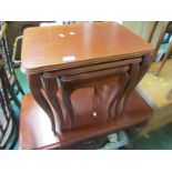 NEST OF THREE MAHOGANY VENEERED OCCASIONAL TABLES TOGETHER WITH MATCHING COFFEE TABLE