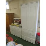 WHITE TWO-DOOR WARDROBE WITH THREE DRAWERS TO ITS BASE TOGETHER WITH A SIX-DRAWER CHEST AND DRESSING