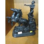 BLACK PAINTED SPELTER FIGURE OF HORSES AND CHARIOT