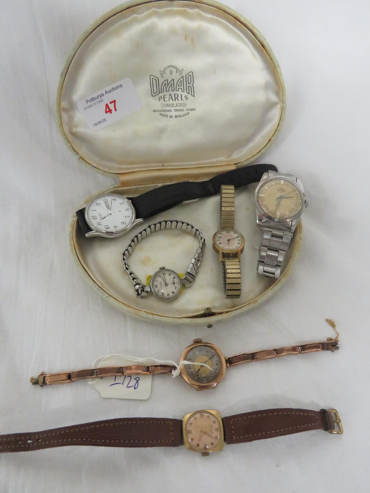 FOUR LADIES WRIST WATCHES INCLUDING ONE 9 CARAT GOLD CASED MECHANICAL WATCH TOGETHER WITH A FORTIS