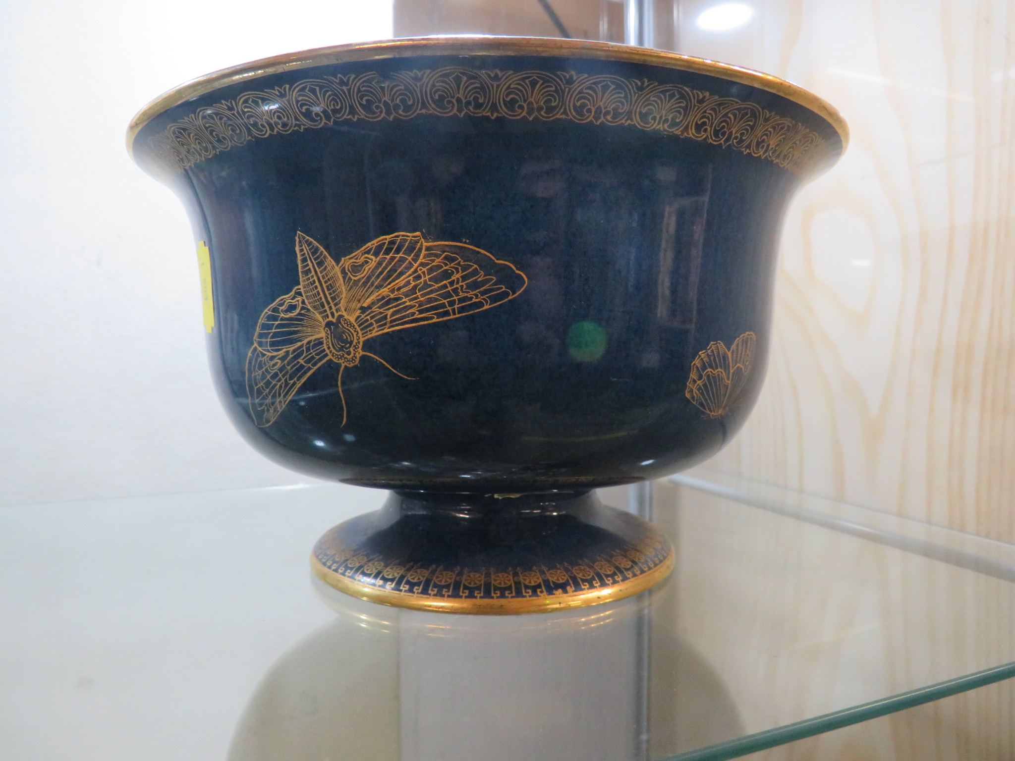 CARLTON WARE LUSTRE BOWL ON FOOT DECORATED WITH MOTHS AND BUTTERFLIES, THE EXTERIOR MOTTLED BLUE - Image 3 of 4