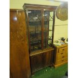 MAHOGANY GLAZED CHINA DISPLAY CABINET, THREE INTERNAL SHELVES AND TWO DOOR CUPBOARD TO BASE