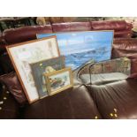 FOUR FRAMED PICTURES INCLUDING ACRYLIC ON BOARD OF BOATS, TWO FRAMELESS WALL MIRRORS AND TWO