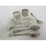 ONE SILVER NAPKIN RING, AN ELECTROPLATED NAPKIN RING, FOUR SILVER TEASPOONS, A GEORGIAN SILVER