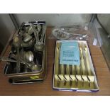 ASSORTED SILVER-PLATED TEASPOONS, CUTLERY, SUGAR TONGS AND STRAINER