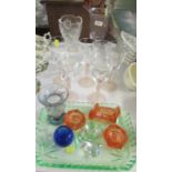 SMALL QUANTITY OF COLOURED AND CUT GLASS INCLUDING CELERY GLASS, SUNDAE DISHES, DRESSING TABLE