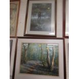 TWO FRAMED AND GLAZED COLOURED PRINTS, FISHERMAN AND WOODLAND