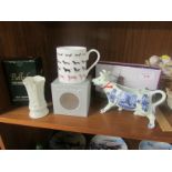 BELLEEK VASE WITH BOX, COW CREAMER WITH BOX, MUG WITH BOX