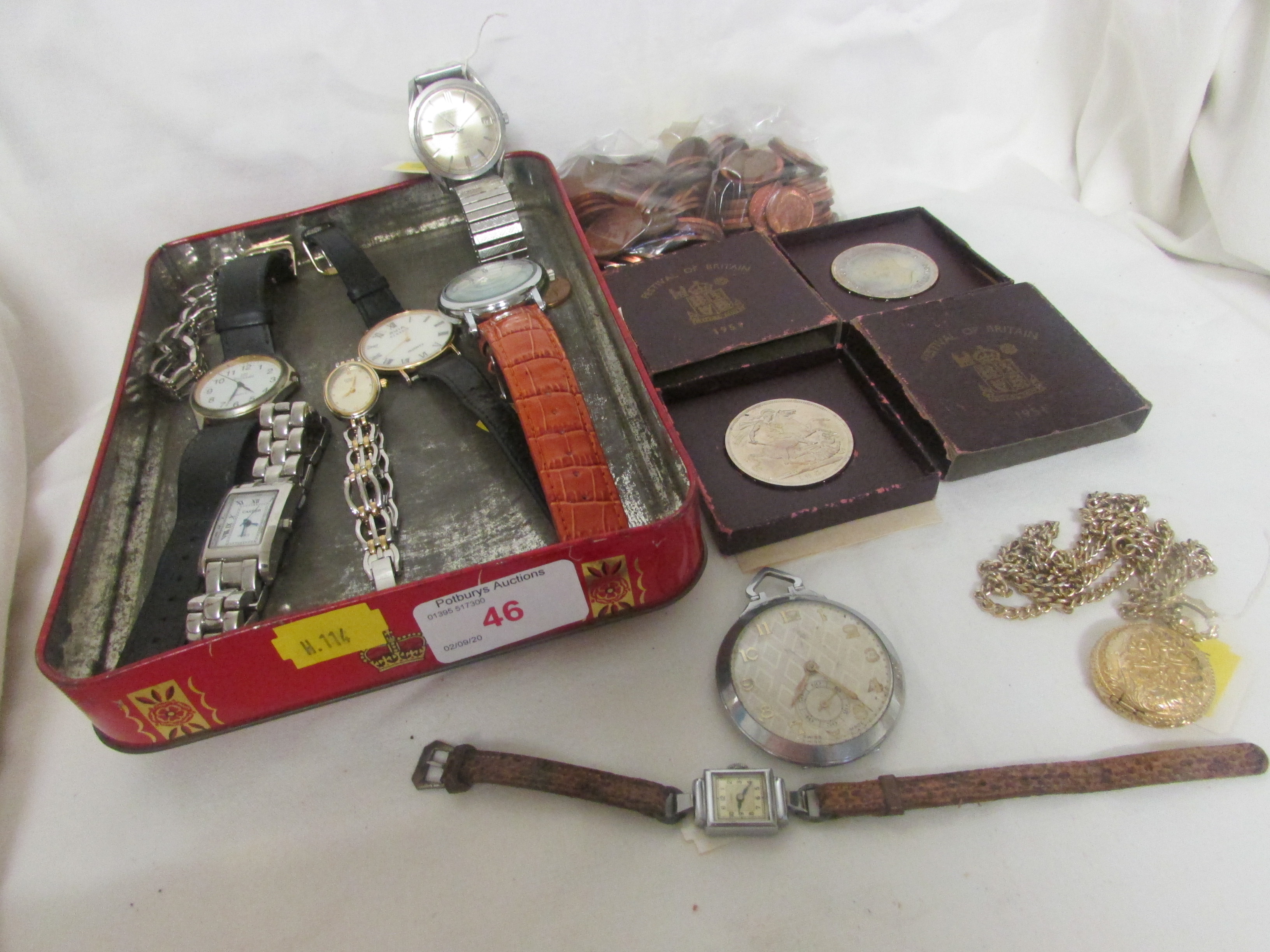 TIN OF ASSORTED LADYS AND GENTS WRISTWATCHES, TWO FESTIVAL OF BRITAIN COINS, BAG OF MODERN COINAGE