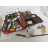 TIN OF ASSORTED LADYS AND GENTS WRISTWATCHES, TWO FESTIVAL OF BRITAIN COINS, BAG OF MODERN COINAGE