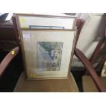 FRAMED WATERCOLOUR OF MOUNTAIN AND COTTAGES, FRAMED WATERCOLOUR OF BOATS AND ESTUARY