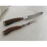 HARRODS CARVING KNIFE AND FORK WITH ANTLER HANDLES