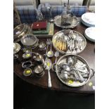 SELECTION OF SILVER-PLATED WARE, TEA STRAINER, JUG AND OTHER ITEMS