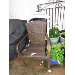 CANE EFFECT GARDEN CHAIR, TWO WHITE PLASTIC CHAIRS AND TWO SMALL PLASTIC GARDEN TABLES