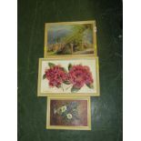 ACRYLIC ON BOARD OF GARDEN SCENE, AND TWO PAINTINGS ON BOARD OF FLOWERS