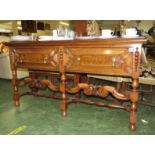 REPRODUCTION 17TH CENTURY STYLE MAHOGANY AND WALNUT SIDEBOARD WITH TWO MOULDED DRAWERS, BRASS