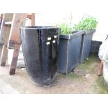 BLACK GLAZED CERAMIC PLANTER AND TWO SQUARE PLASTIC PLANTERS, ALL WITH CONTENTS