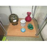 TWO POTTERY VASES, MALACHITE ORNAMENTS, AND TWO ENAMEL WARE TRINKET JARS