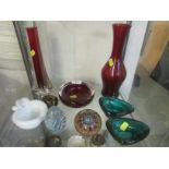 ONE SHELF OF DECORATIVE COLOURED GLASS, PAPER WEIGHTS AND VASES