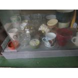 ONE SHELF OF HOMEWARE, CHINA MUGS, ELECTRIC PAPER SHREDDER, STAINLESS CUTLERY AND OTHER ITEMS