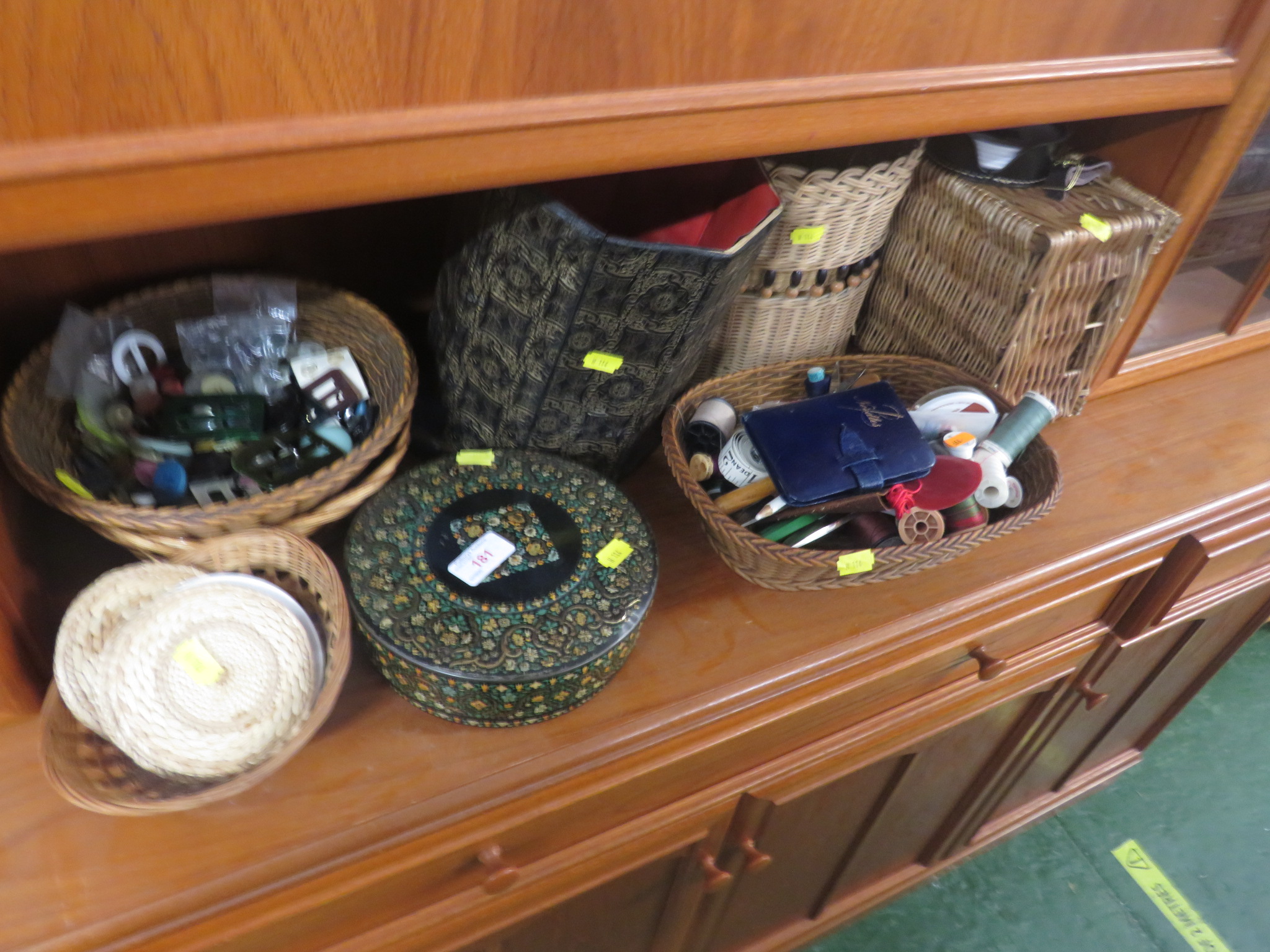 SEWING AND NEEDLEWORK ITEMS, WICKER BASKETS, COASTERS ETC (ONE SHELF)