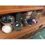 SEWING AND NEEDLEWORK ITEMS, WICKER BASKETS, COASTERS ETC (ONE SHELF)