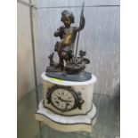 HENRY MARC OF PARIS MARBLE STRIKING MANTLE CLOCK MOUNTED WITH BRONZED FIGURE OF BOY AND DOG