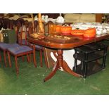 MAHOGANY VENEERED DINING TABLE, MATCHING SIDEBOARD AND SIX DINING CHAIR FRAMES (SEAT PADS FOR