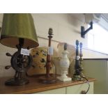 FIVE ASSORTED TABLE LAMPS AND FOUR LAMP SHADES (ONE NEEDS A PLUG, FOUR NEED REWIRING)