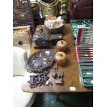 BLACK FOREST TRINKET BOX OTHER CARVED AND TURNED WOODEN ITEMS, AND SEASHELLS