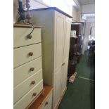 CREAM LAMINATE HONEY PINE BEDROOM SET, COMPRISING A TWO-DOOR WARDROBE, SIX-DRAWER CHEST, FOUR-DRAWER