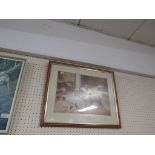 FRAMED HUNTING PRINT AFTER W HOBSON, AND FRAMED COLOUR PRINT OF PUPPIES