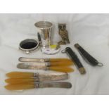 SILVER-PLATED TRAVEL CUP, SILVER-PLATED KNIVES, BRASS OWL FIGURINE AND TWO PENKNIVES