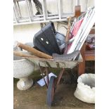 GALVANIZED METAL WHEELBARROW, WATERING CAN, HAND TOOLS, FOLDING CHAIRS ETC