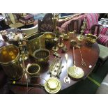 LARGE SELECTION OF BRASS WARE, BRUSH, DOOR KNOCKER, ORNAMENTS, FIRESIDE COMPANION, ETC