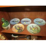 FIVE CHINA DISPLAYS PLATES WITH CERAMIC BOTTLE