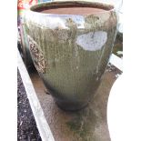 LARGE MOTTLED GREEN GLAZED CERAMIC GARDEN POT